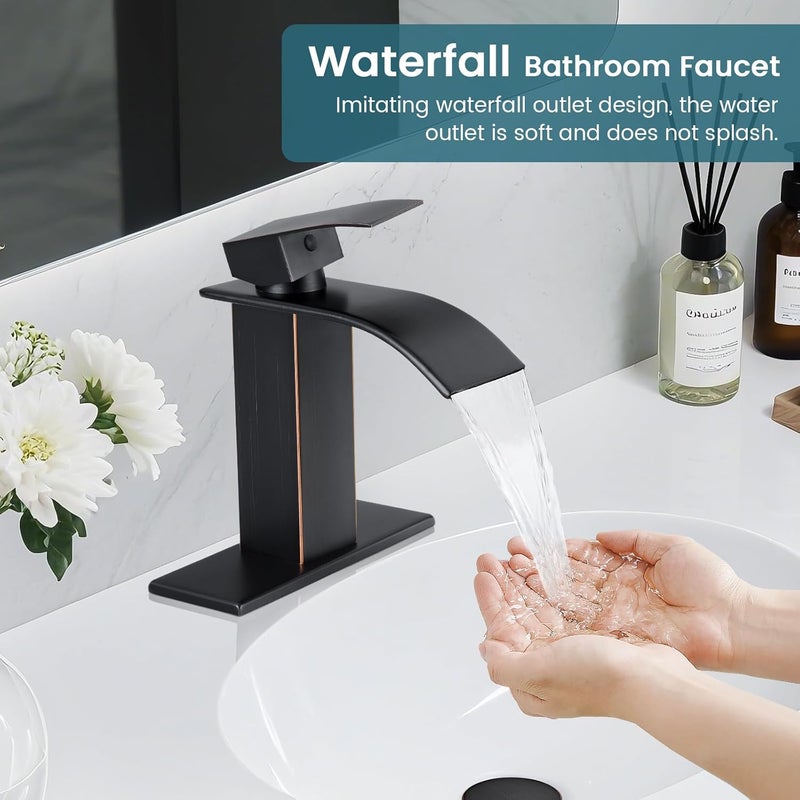 LUFG Bathroom Faucets Oil Rubbed Bronze Waterfall Bathroom Sink Faucet Modern Single Handle Bathroom Faucet for 1 or 3 Hole Mxier Tap Washbasin Faucet with Deck, Pop-up Drain and Supply Hoses - Image 5